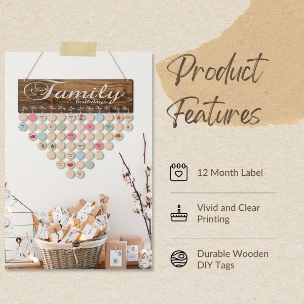 Flexzion Family Birthday Plaque with Tags DIY Wooden Birthday Calendar Wall Hanging Family Plaque Reminder 50 Tags (Round) Birthday Board Chips - Image 4