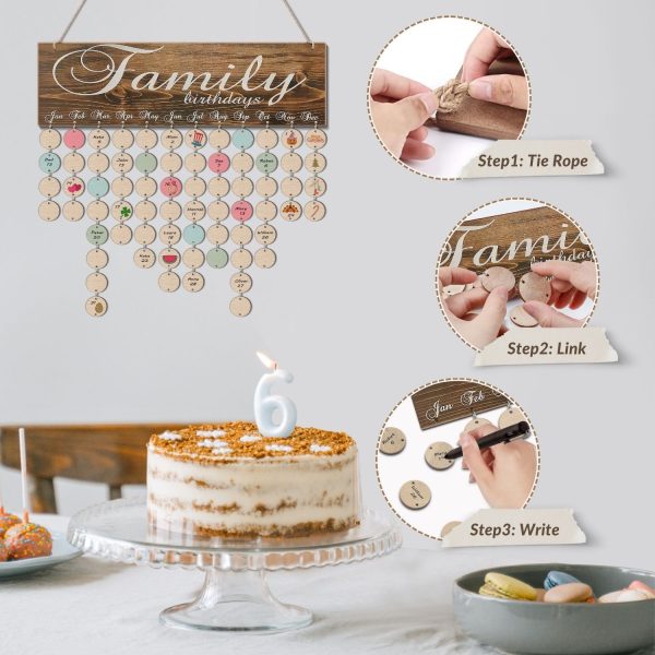 Flexzion Family Birthday Plaque with Tags DIY Wooden Birthday Calendar Wall Hanging Family Plaque Reminder 50 Tags (Round) Birthday Board Chips - Image 7