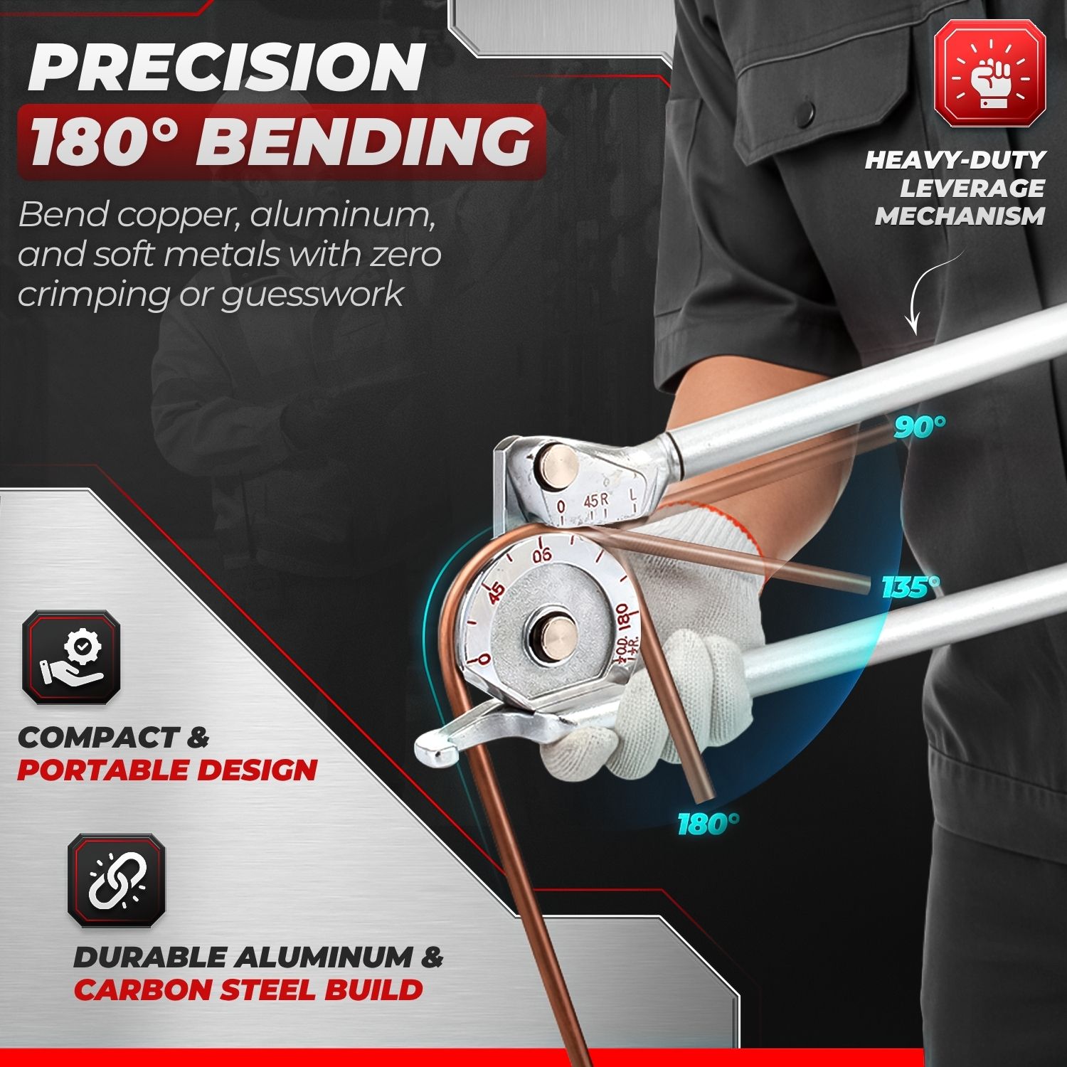 Flexzion Copper Tubing Bender - 1/2 Inch OD Manual Copper Pipe Bender with Wide Hook Grip up to 180-Degree HVAC Bending Tool for Soft Iron Pipe, Aluminum Tube, Stainless Steel Tube, and Refrigeration - Image 3
