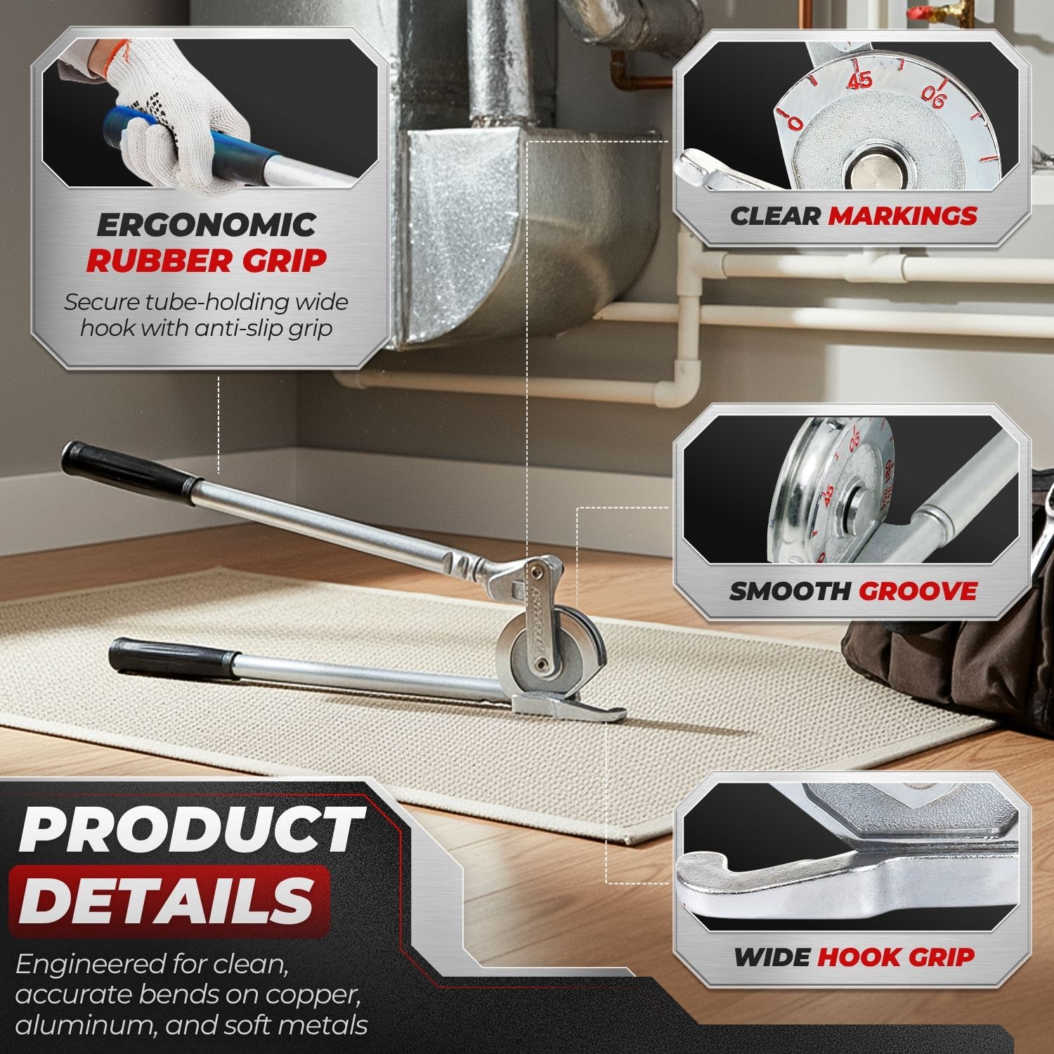 Flexzion Copper Tubing Bender - 1/2 Inch OD Manual Copper Pipe Bender with Wide Hook Grip up to 180-Degree HVAC Bending Tool for Soft Iron Pipe, Aluminum Tube, Stainless Steel Tube, and Refrigeration - Image 4